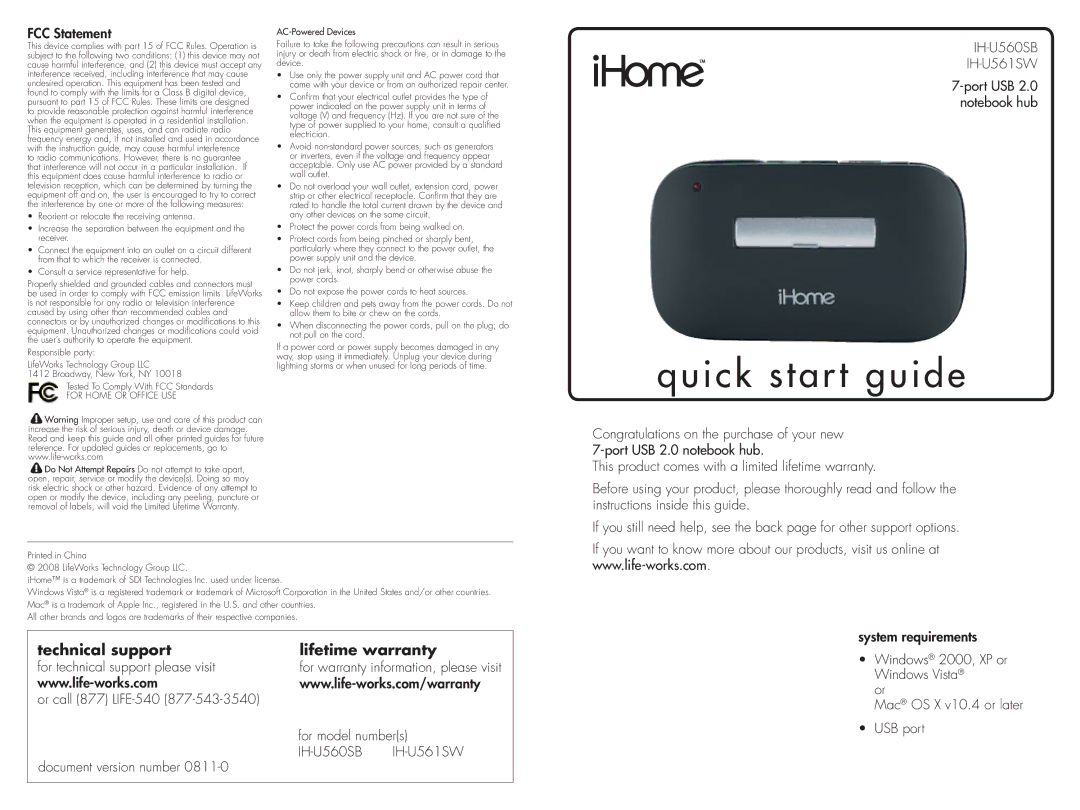 iHome IH-U560SB, IH-U561SW quick start FCC Statement, For technical support please visit 