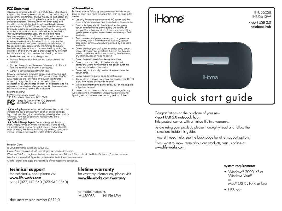 iHome IH-U560SB, IH-U561SW quick start quick start guide, technical support, lifetime warranty 