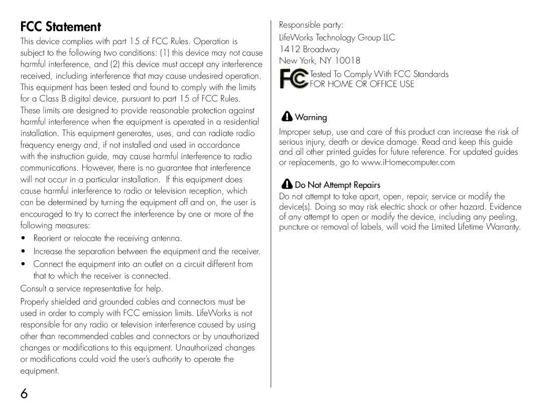 iHome IH-U581FW, IH-U580FB quick start FCC Statement, For Home or Office USE 