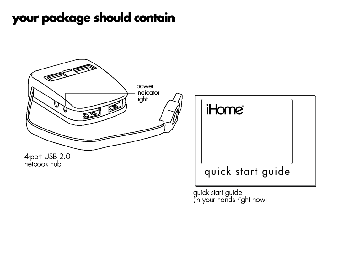 iHome IH-U581FW, IH-U580FB your package should contain, quick start guide, port USB 2.0 netbook hub 