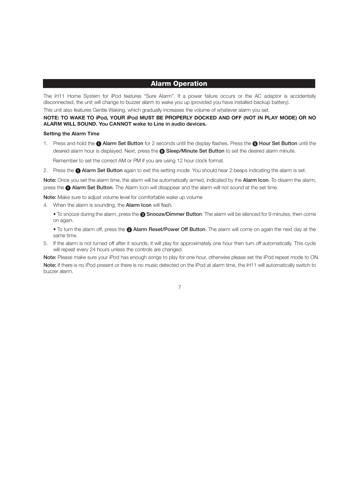 iHome iH11 manual Alarm Operation, Setting the Alarm Time 