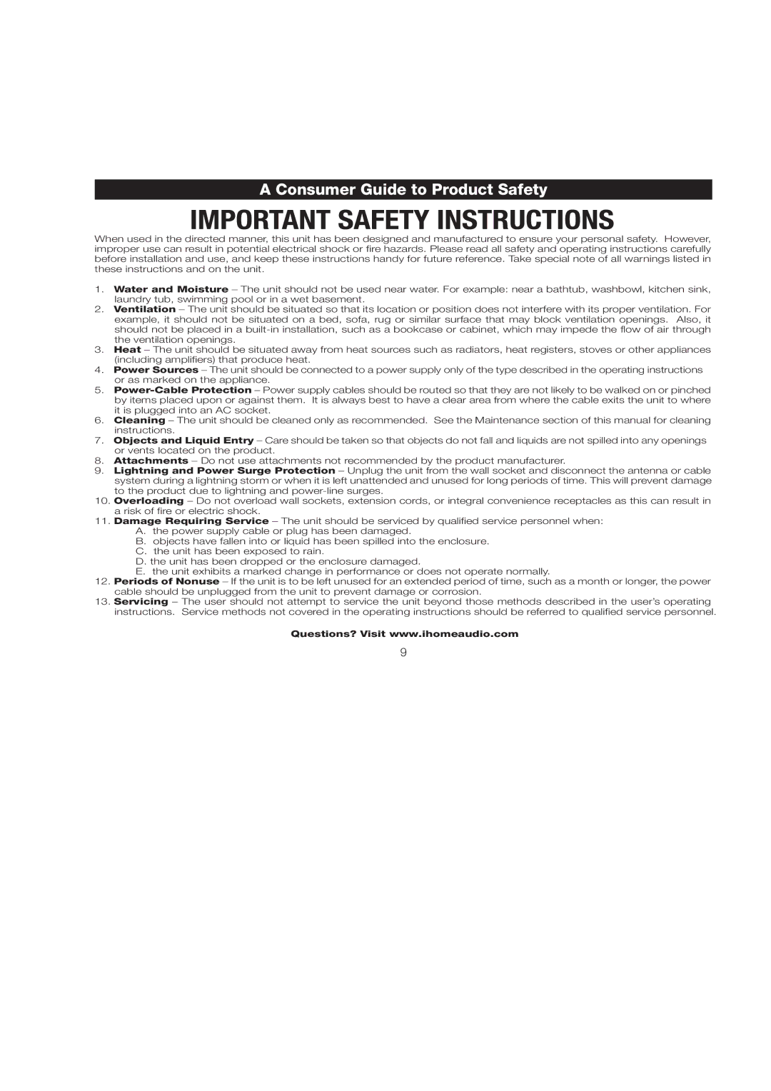 iHome iH11 manual Consumer Guide to Product Safety 