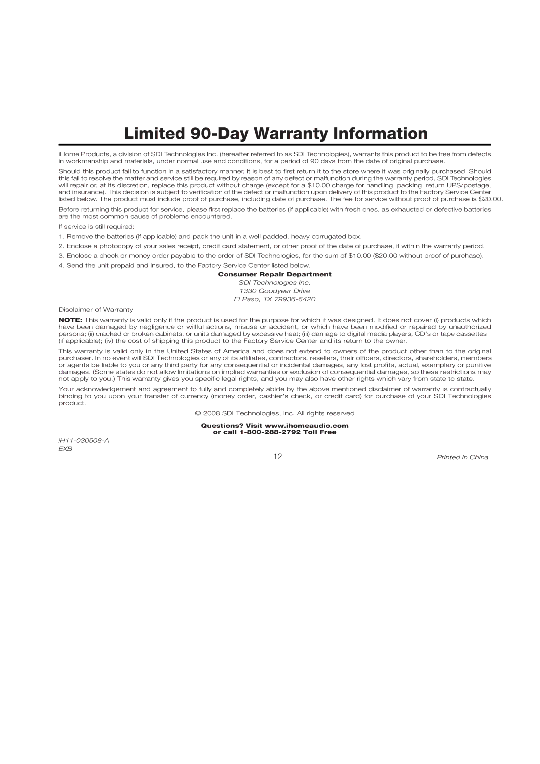 iHome iH11 manual Limited 90-Day Warranty Information 