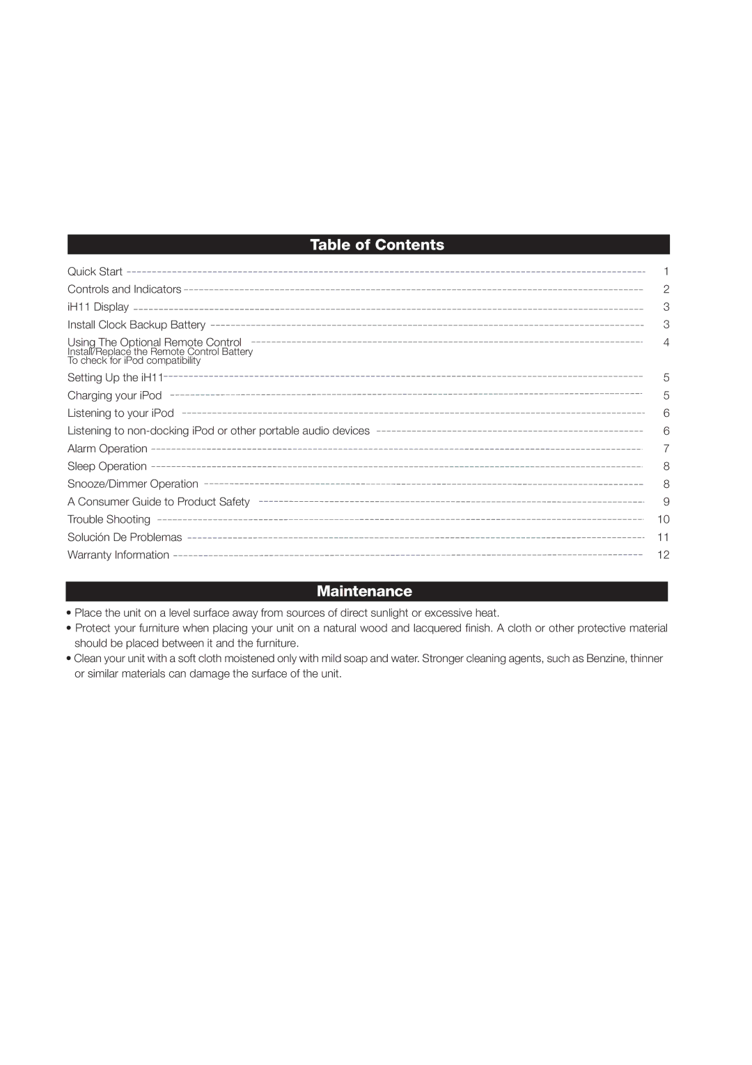 iHome iH11 manual Table of Contents, Maintenance 