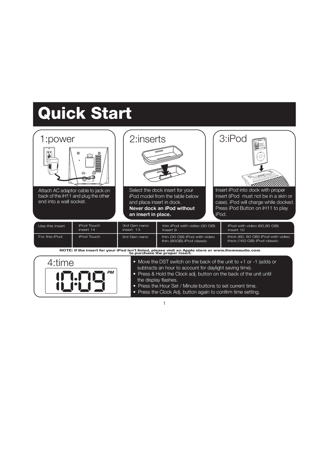 iHome iH11 manual Quick Start 