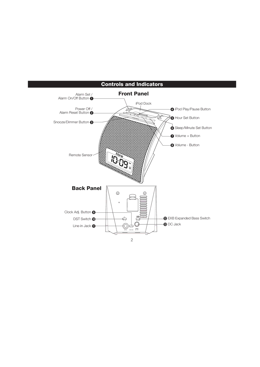 iHome iH11 manual Controls and Indicators, Front Panel 