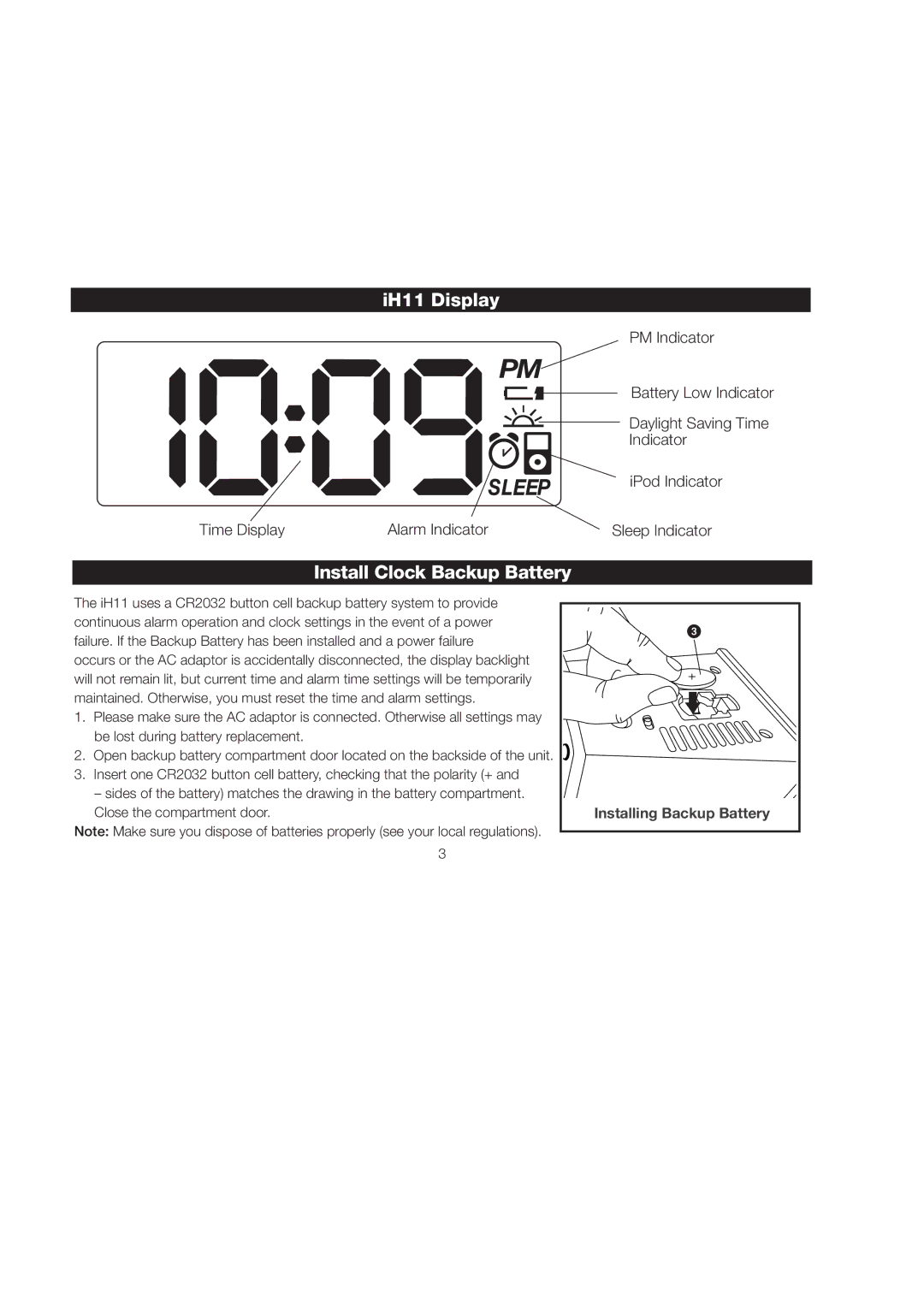 iHome iH11 manual IH11 Display, Install Clock Backup Battery 