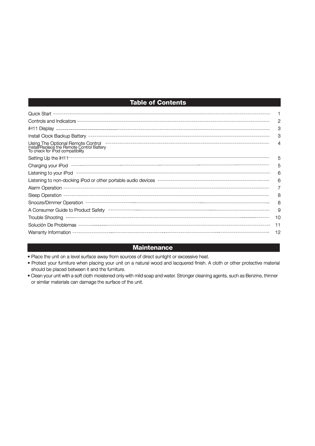 iHome iH11 manual Table of Contents, Maintenance 