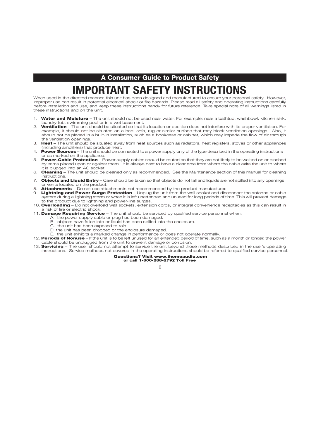 iHome iH110 manual Consumer Guide to Product Safety 