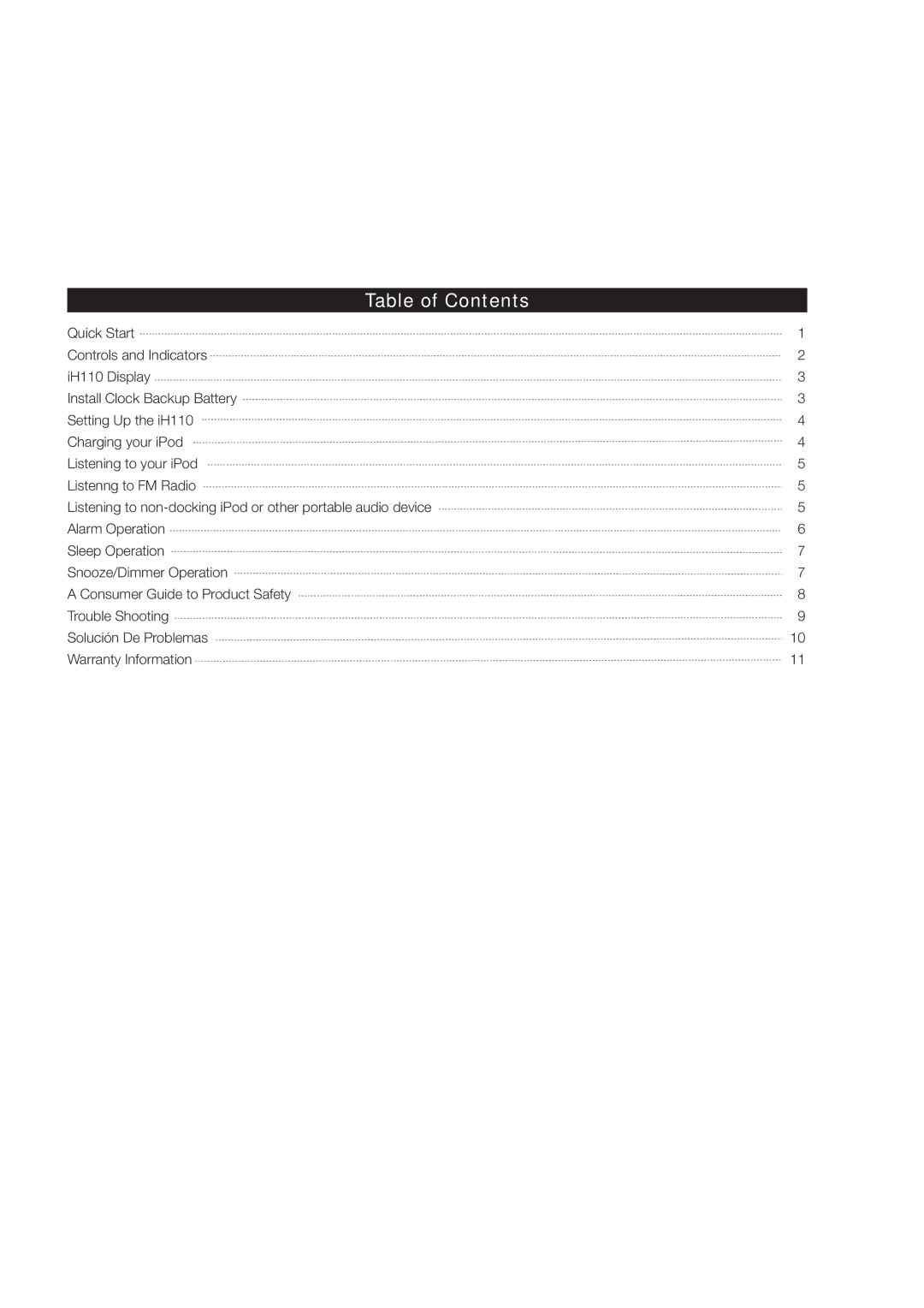 iHome iH110 manual Table of Contents 