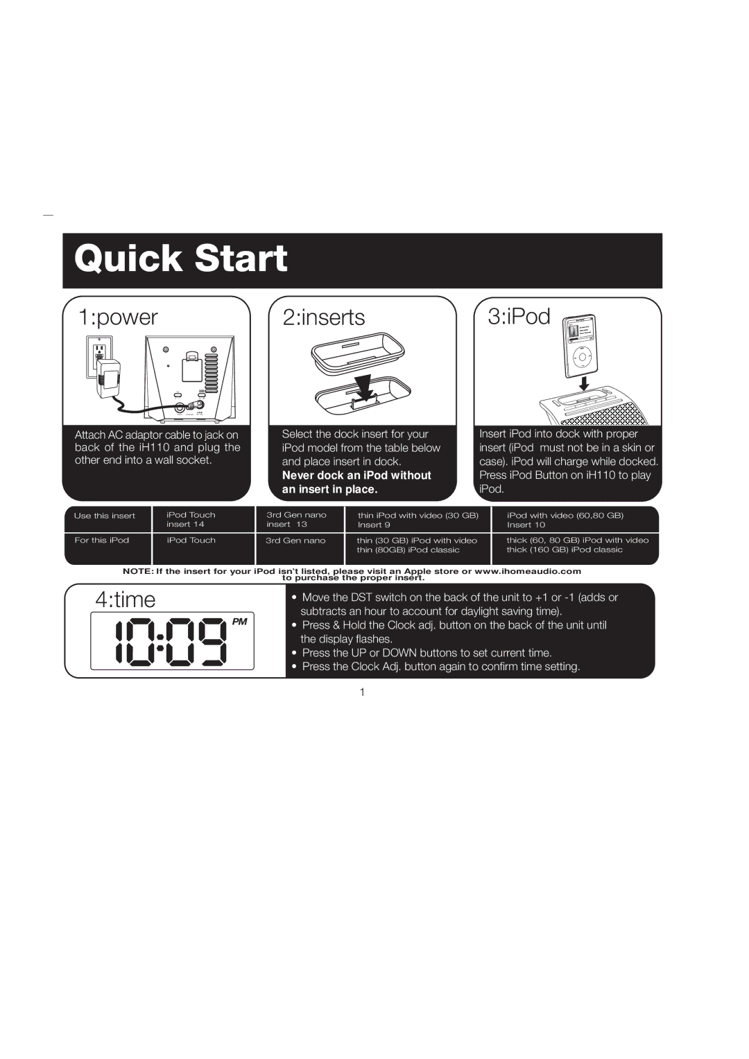 iHome iH110 manual Quick Start 