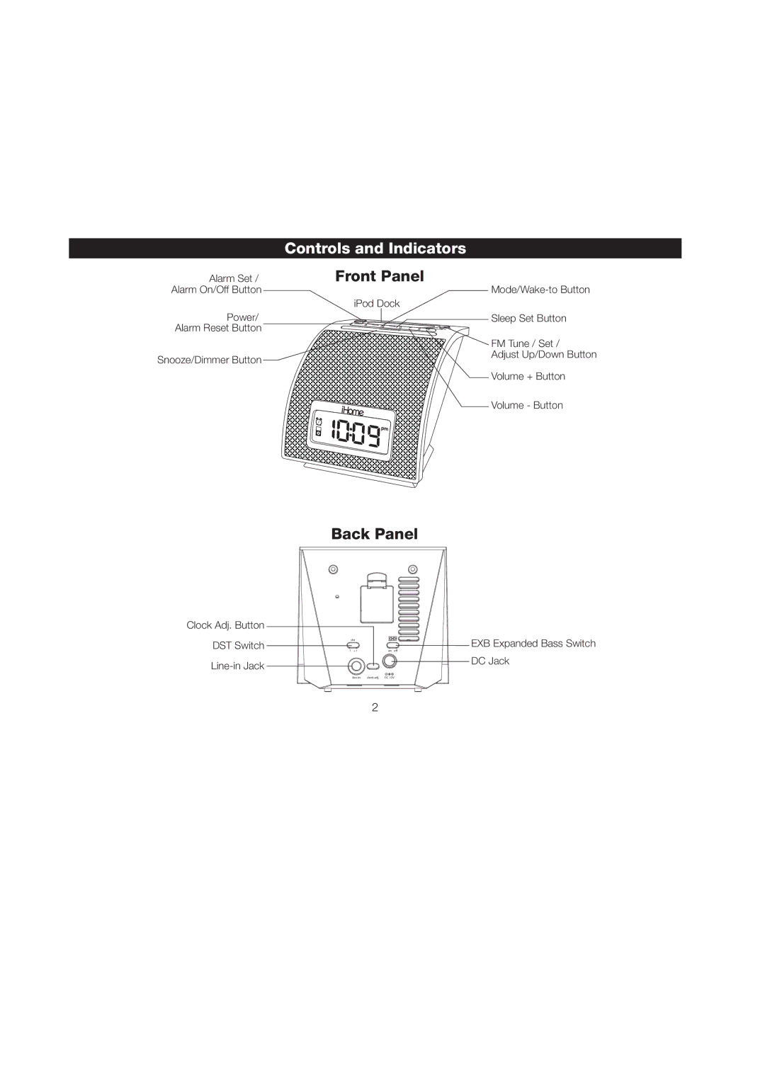 iHome iH110 manual Controls and Indicators, Front Panel 