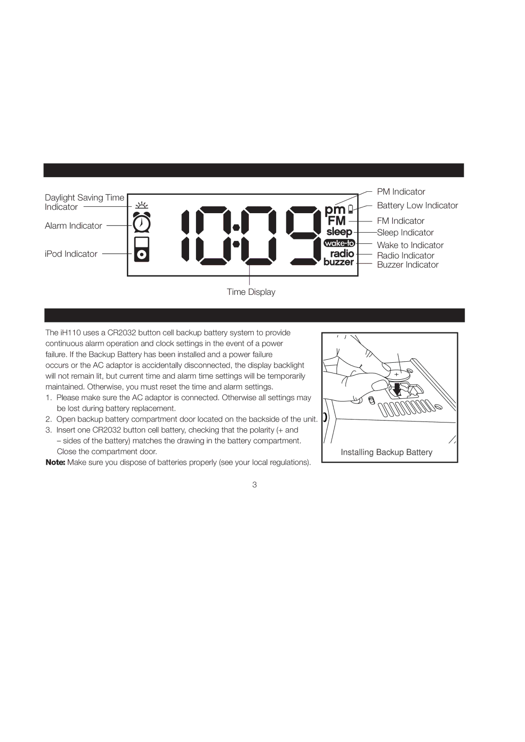 iHome iH110 manual IH110 Display, Install Clock Backup Battery 