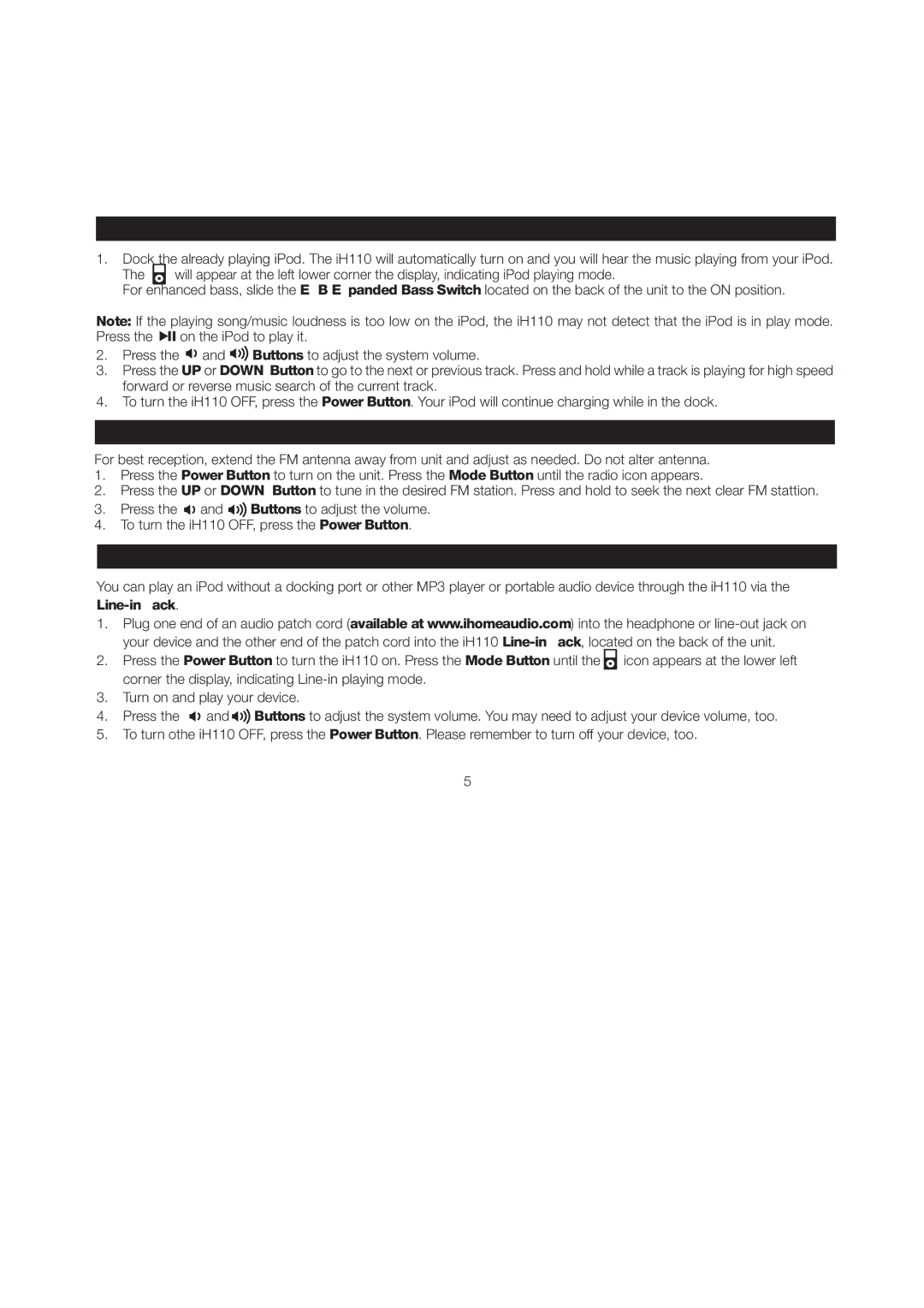 iHome iH110 manual Listening to your iPod, Listening to FM Radio 