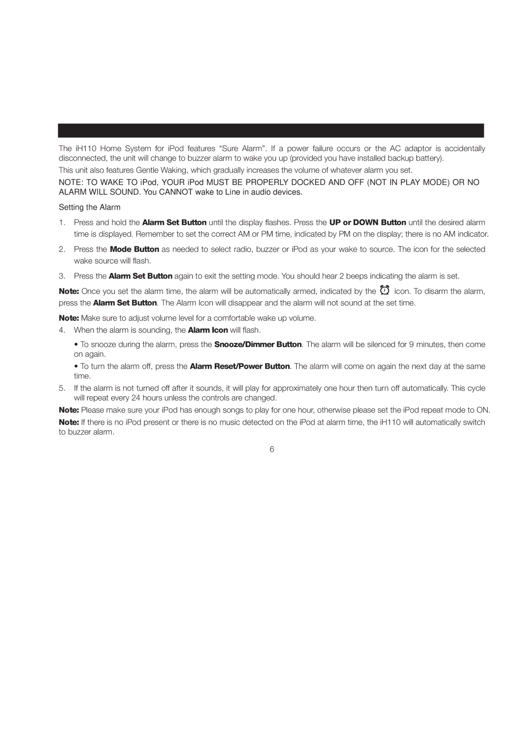 iHome iH110 manual Alarm Operation, Setting the Alarm 