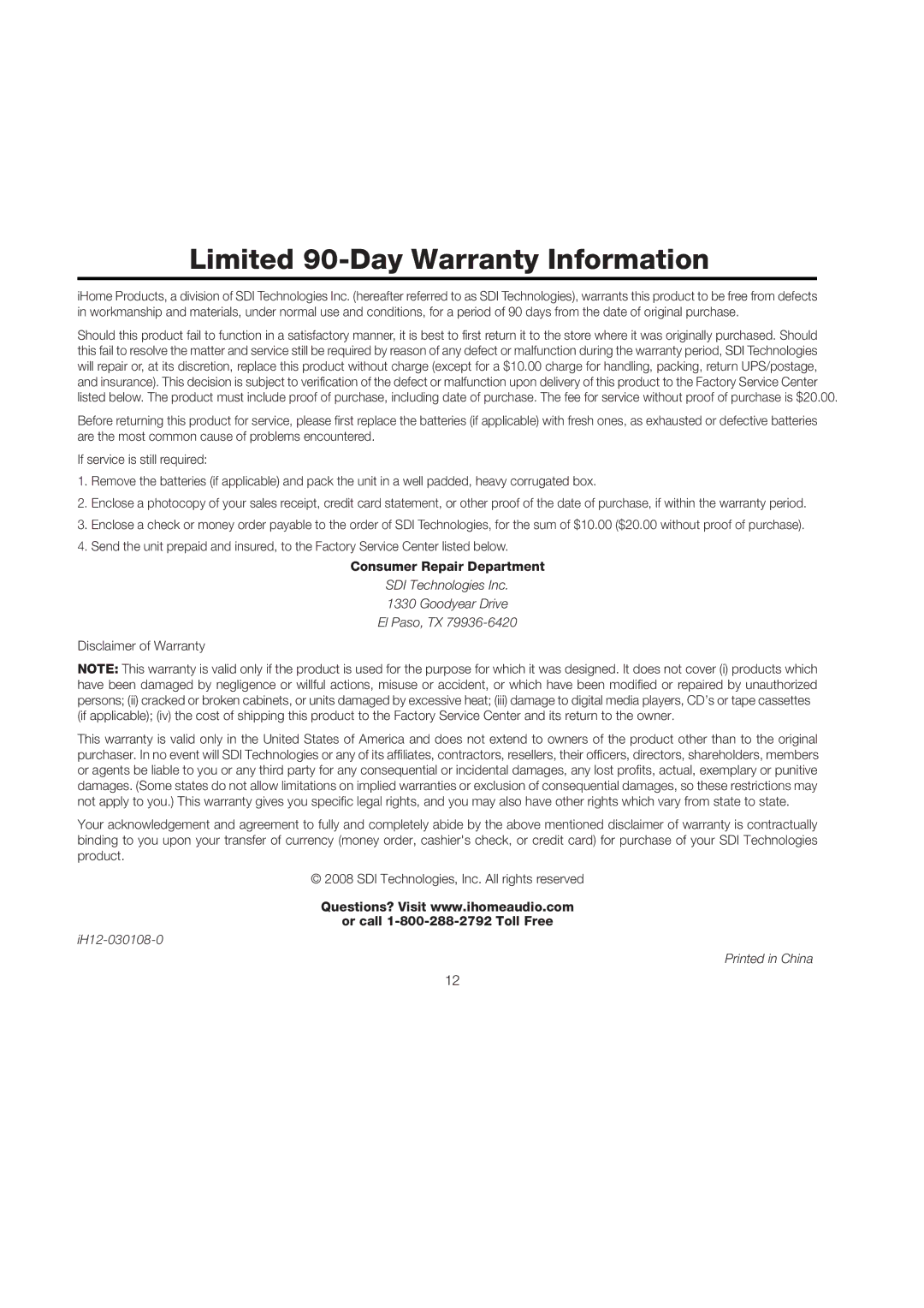 iHome iH12 manual Limited 90-Day Warranty Information 