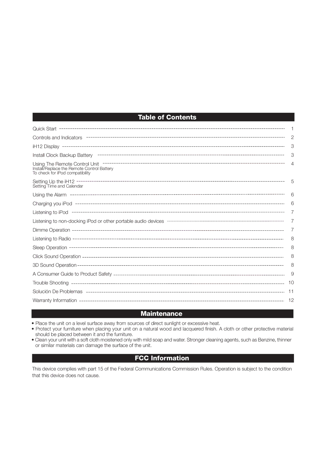 iHome iH12 manual Table of Contents, Maintenance, FCC Information 