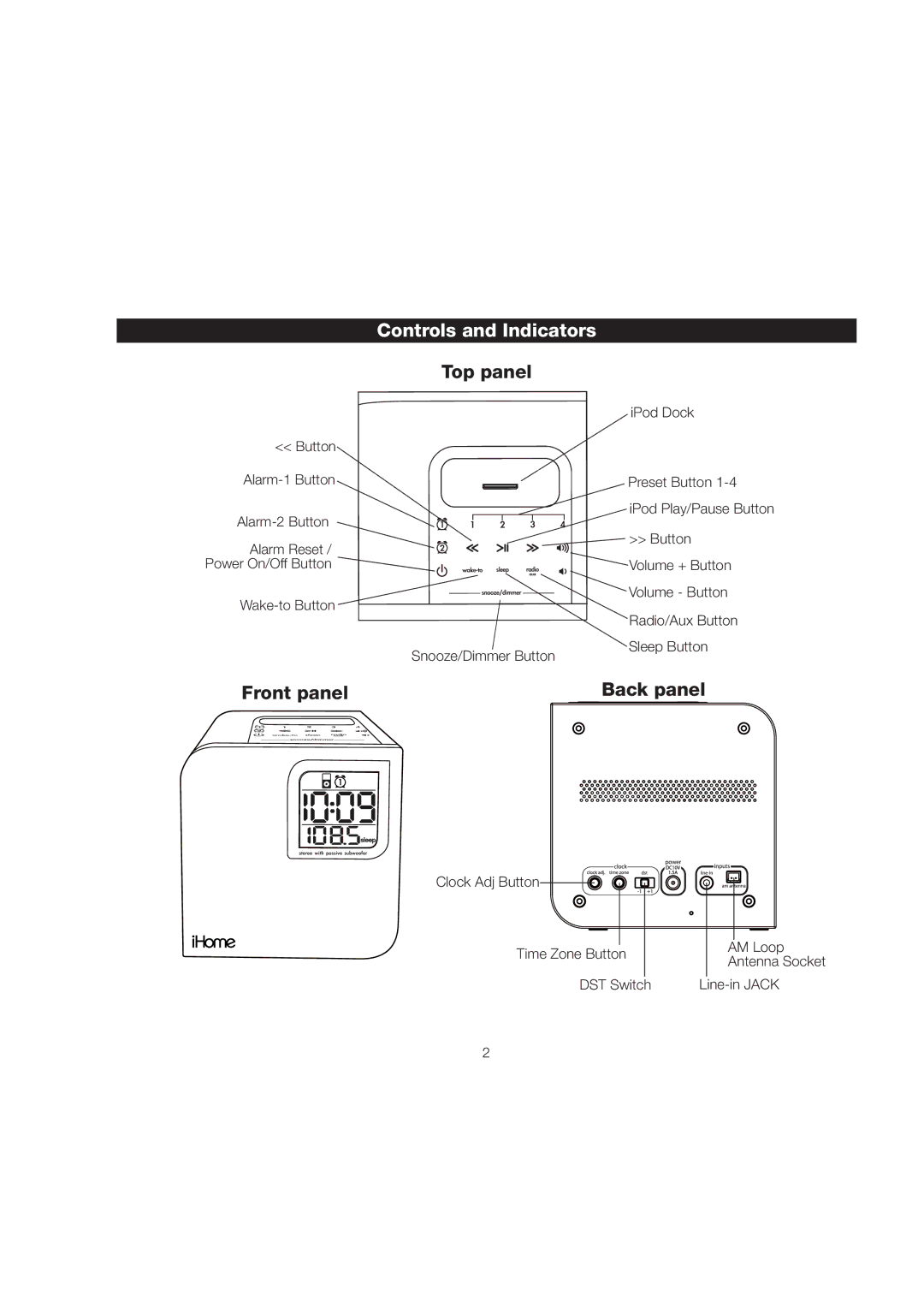 iHome iH12 manual Controls and Indicators, Top panel 