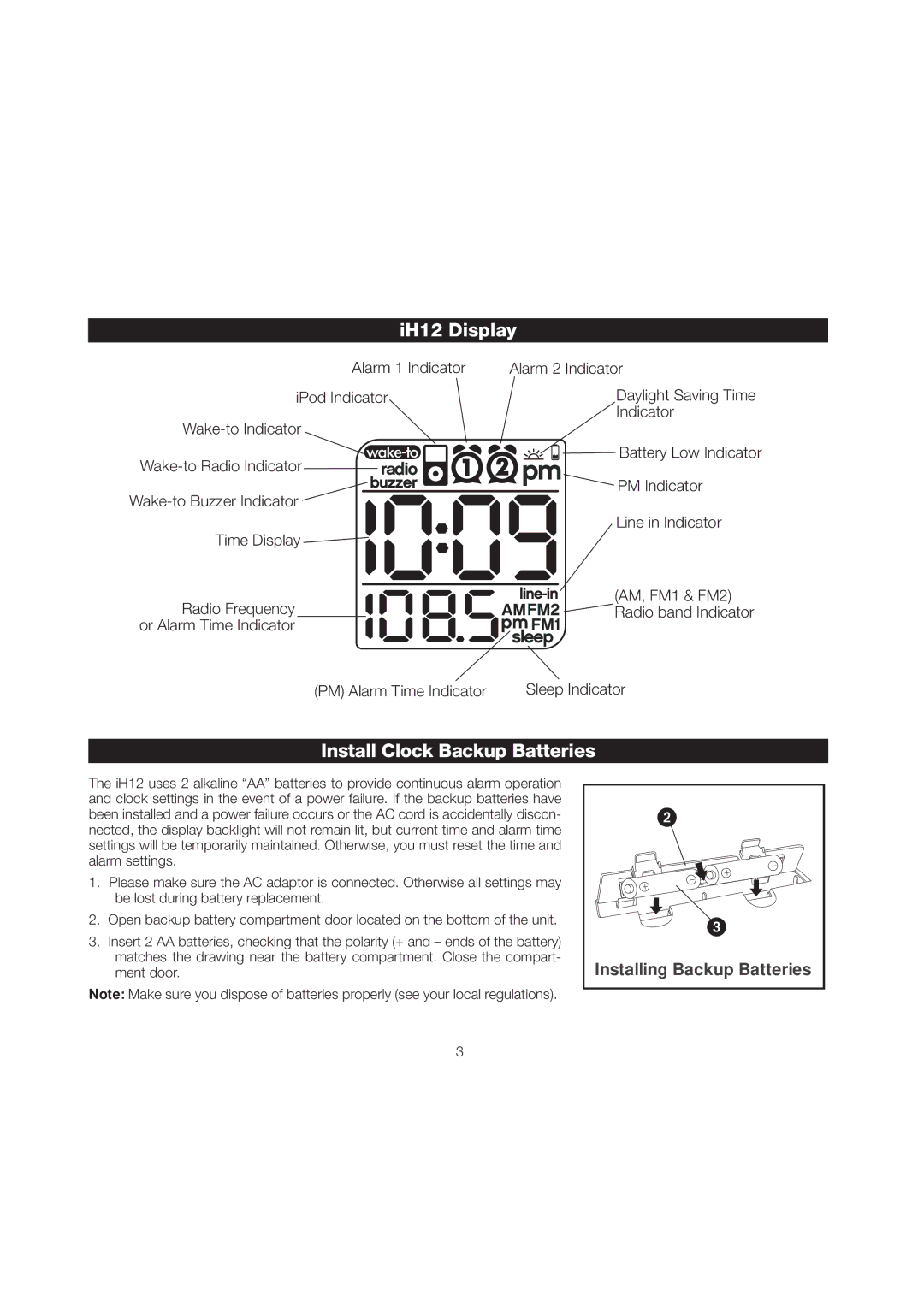 iHome iH12 manual IH12 Display, Install Clock Backup Batteries 