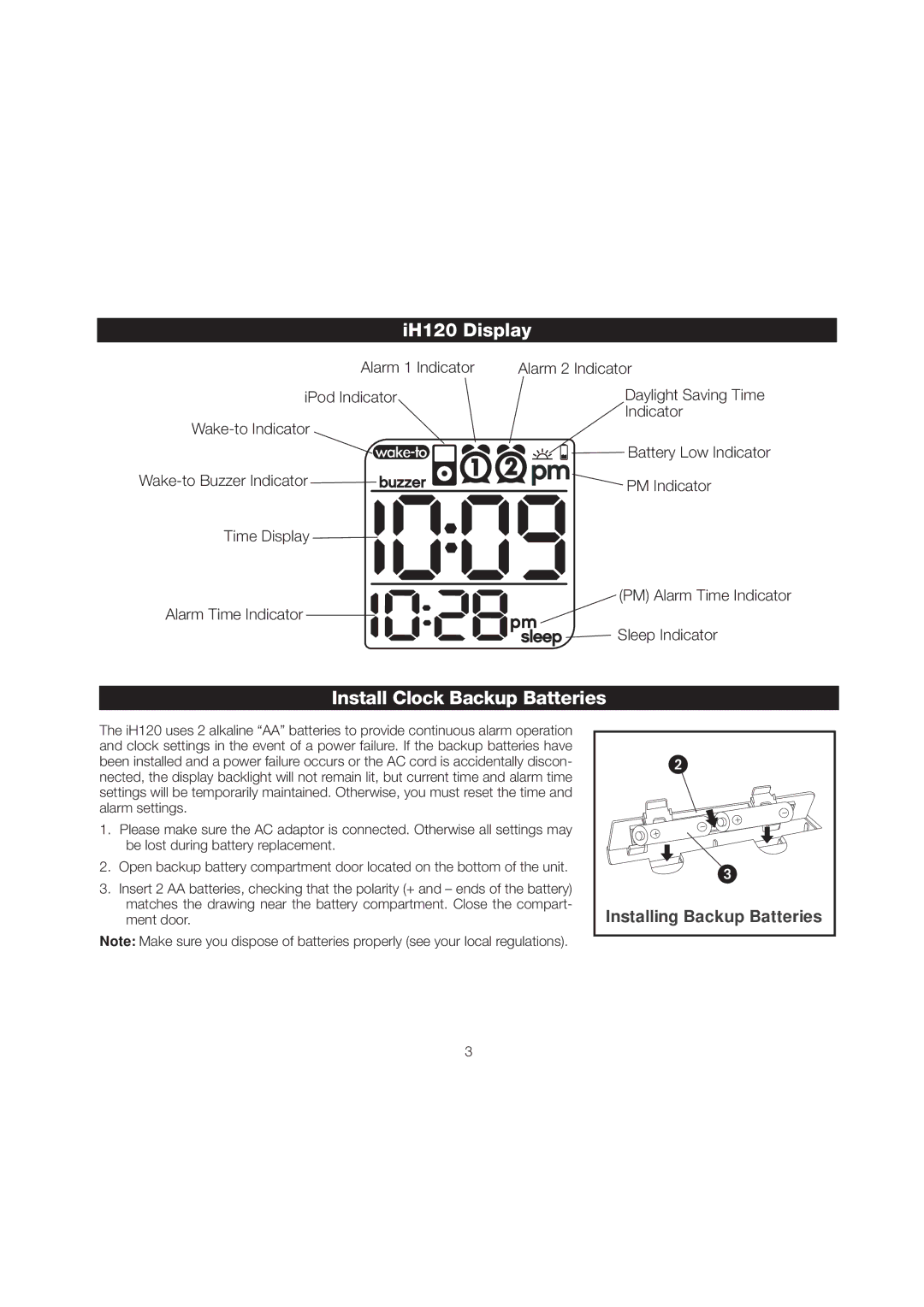 iHome iH120 manual IH120 Display, Install Clock Backup Batteries 