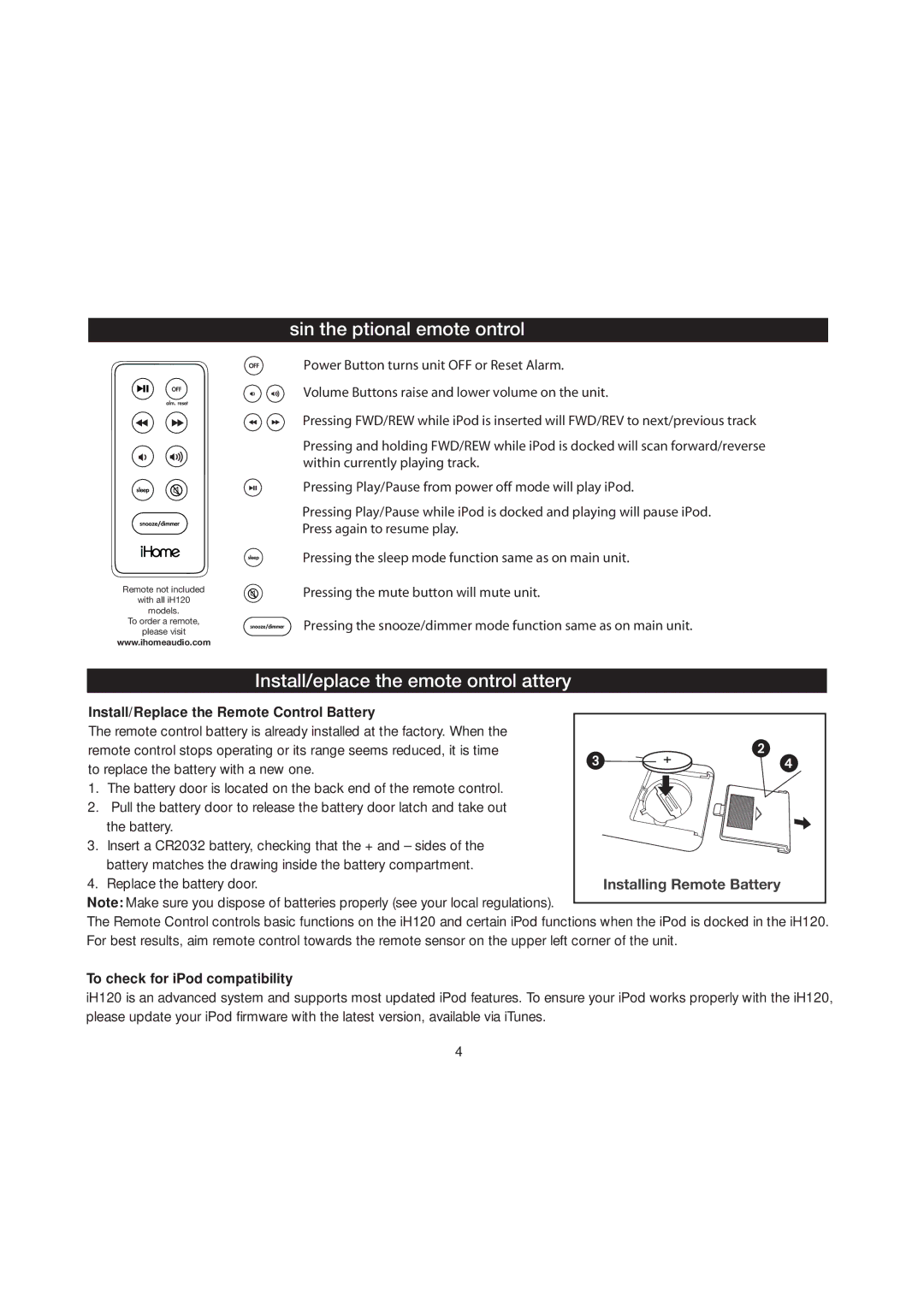iHome iH120 Using the Optional Remote Control, Install/Replace the Remote Control Battery, To check for iPod compatibility 