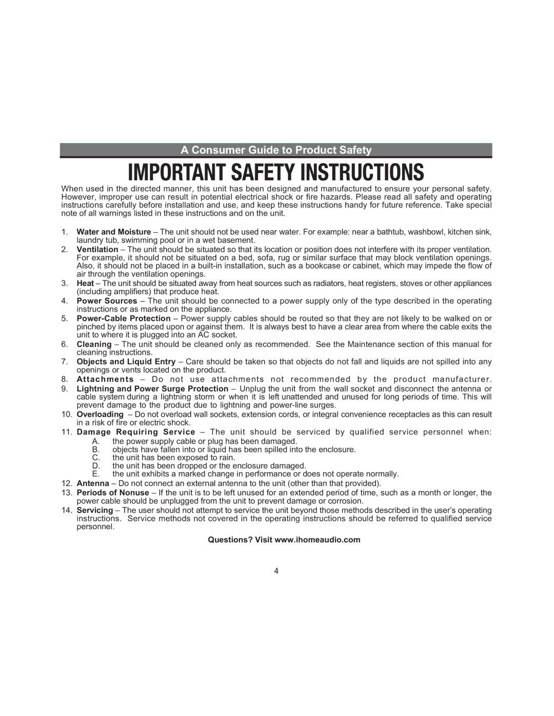 iHome iH14, iH10 manual Consumer Guide to Product Safety 