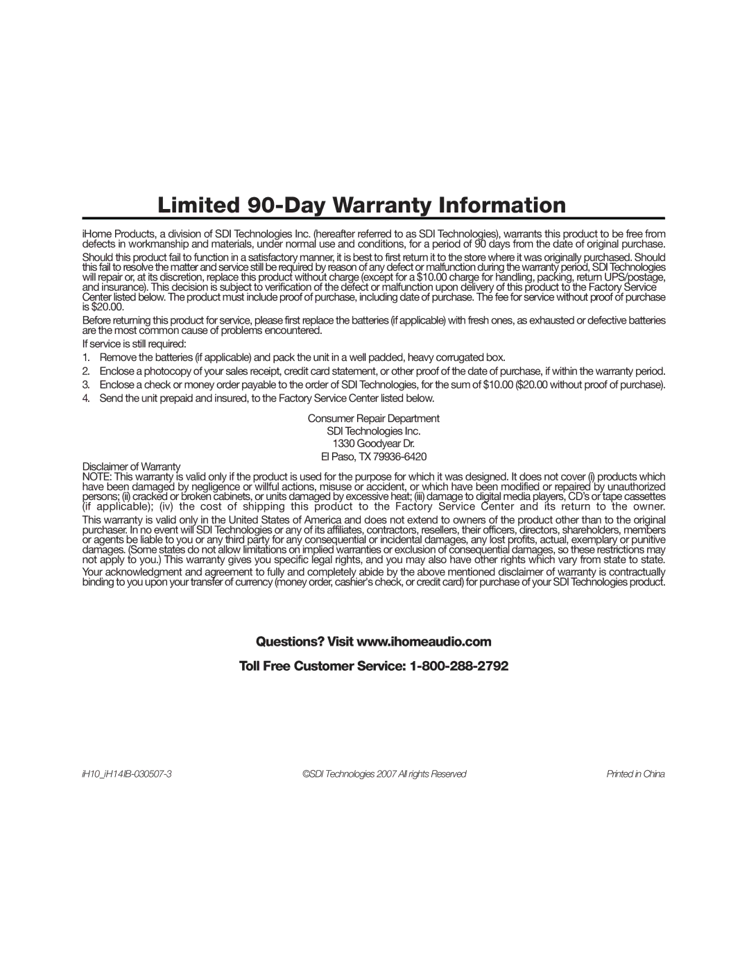 iHome iH10, iH14 manual Limited 90-Day Warranty Information 