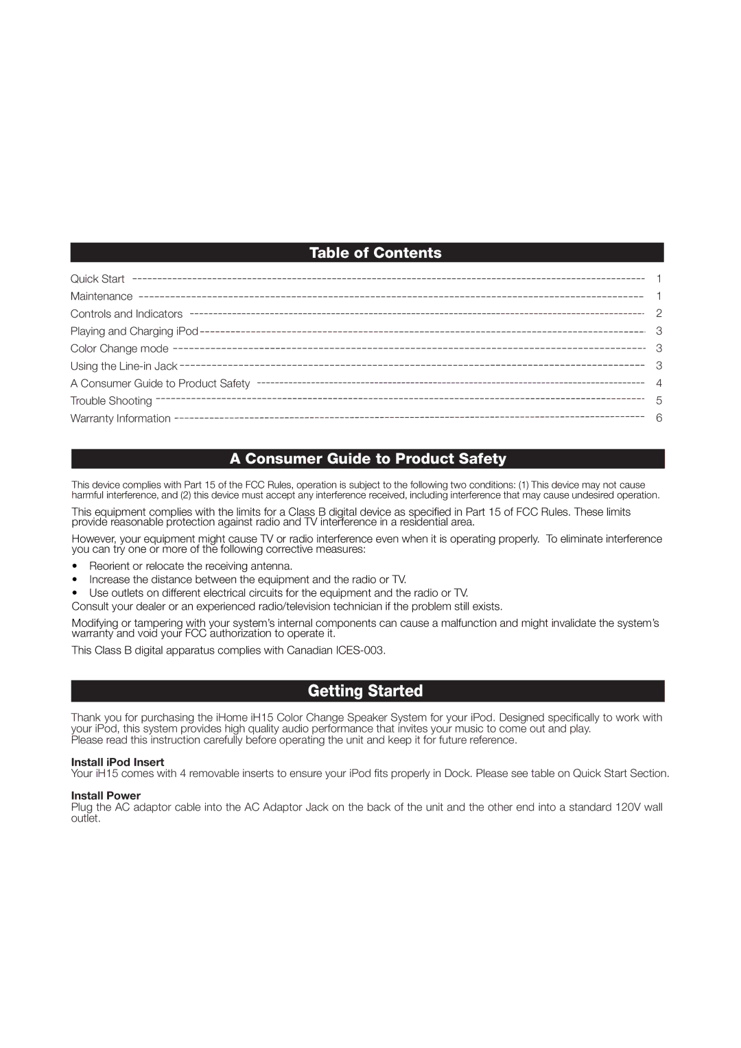 iHome iH15 manual Table of Contents, Consumer Guide to Product Safety 