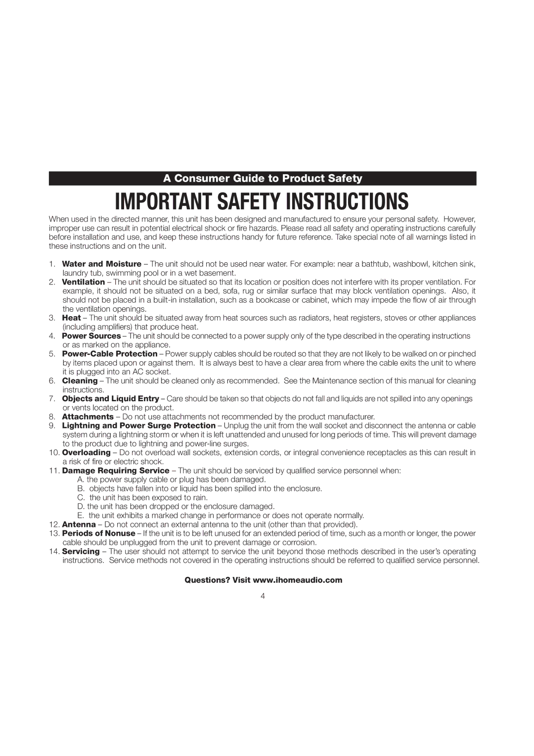 iHome iH15 manual Consumer Guide to Product Safety 