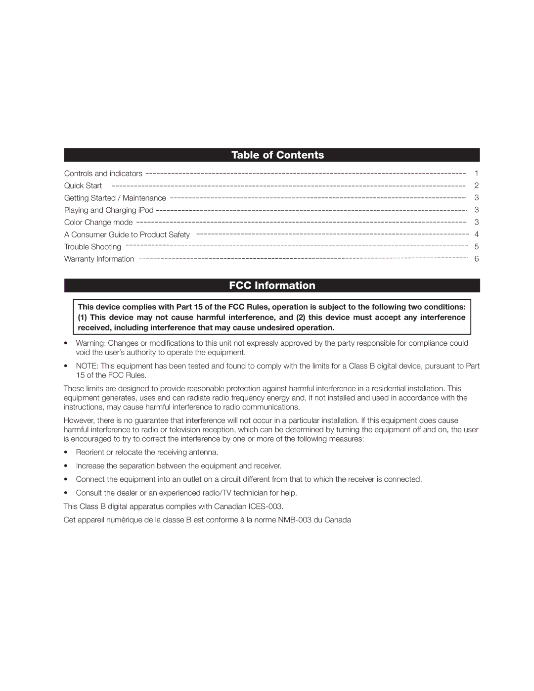 iHome iH150 manual Table of Contents, FCC Information 