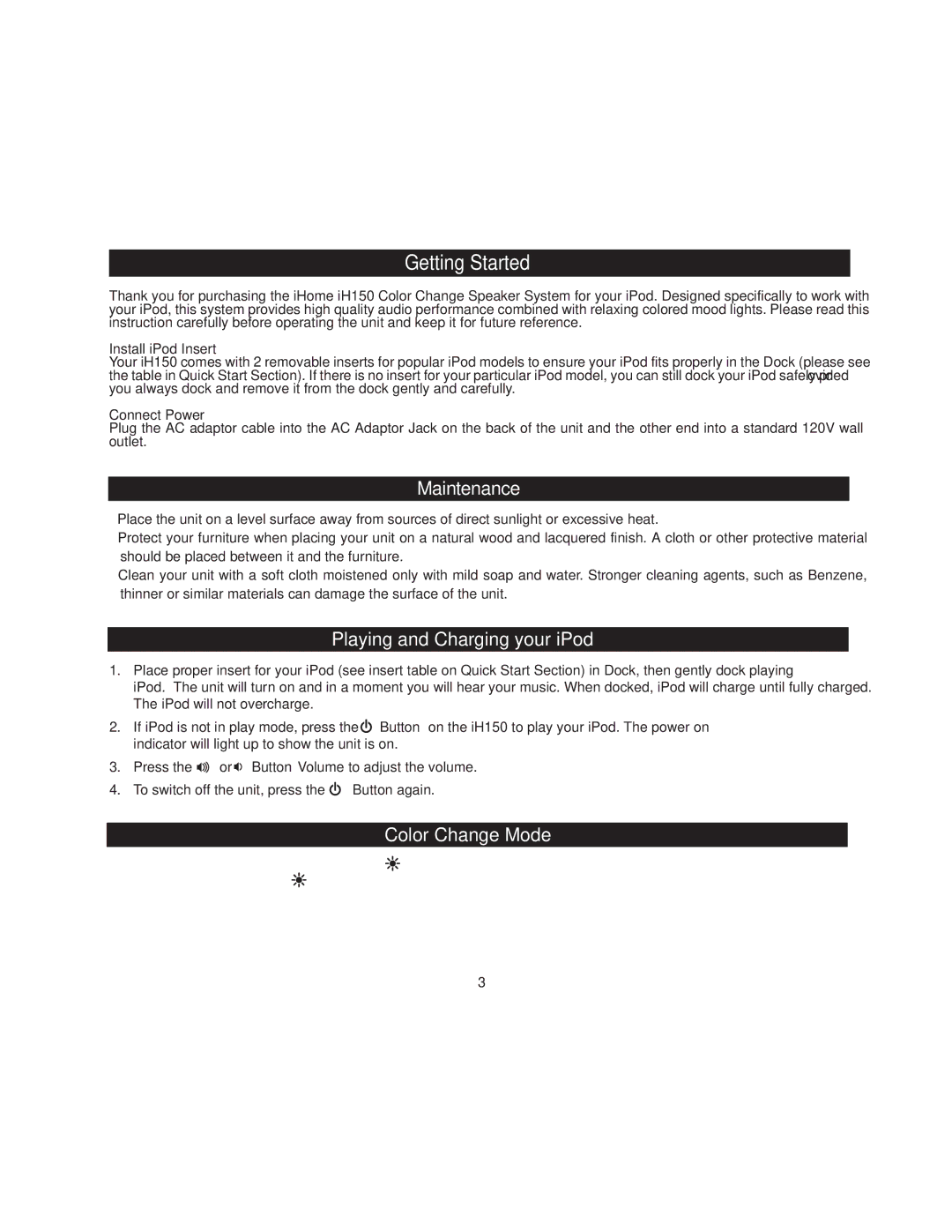 iHome iH150 manual Maintenance, Playing and Charging your iPod, Color Change Mode, Install iPod Insert, Connect Power 