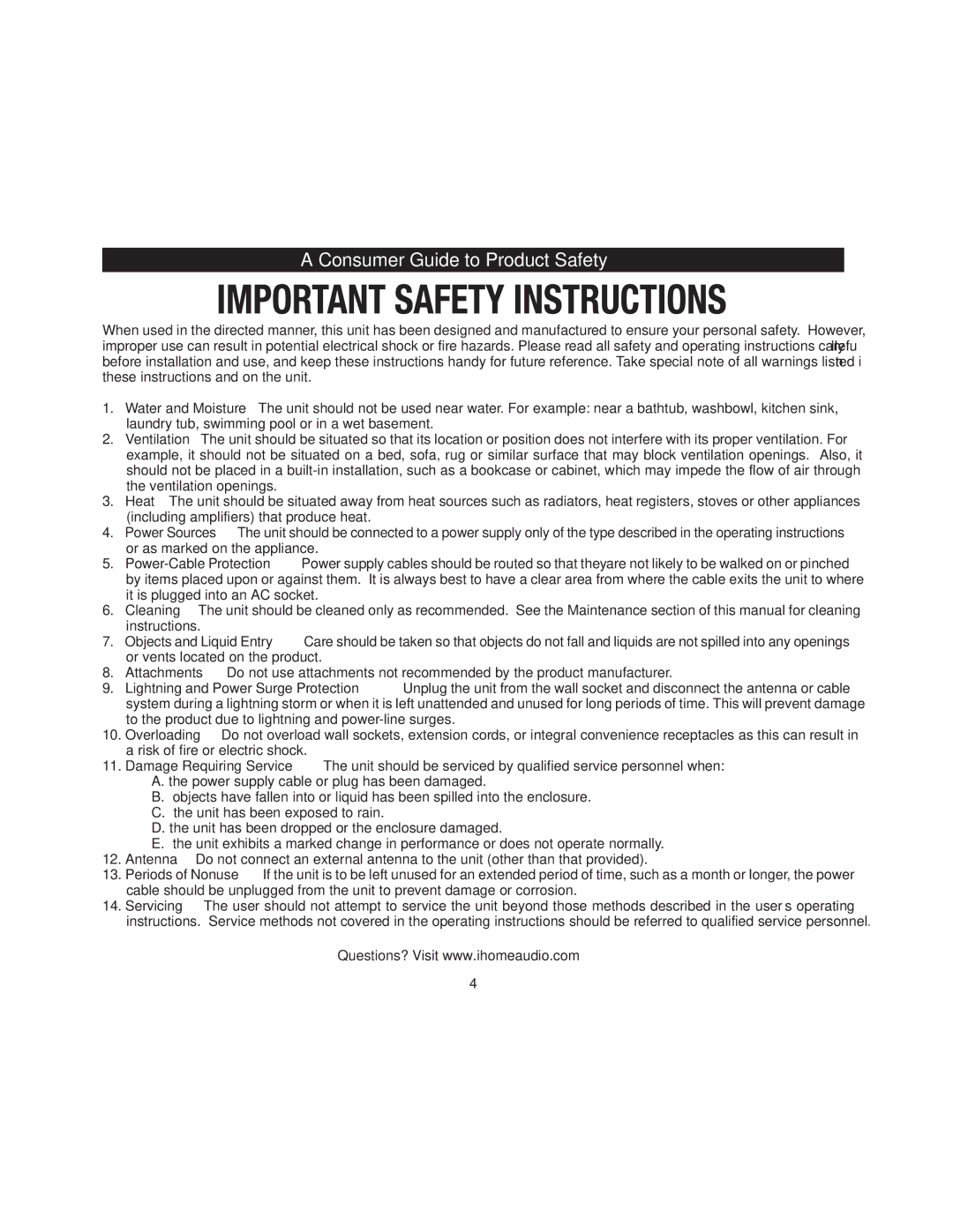 iHome iH150 manual Consumer Guide to Product Safety 
