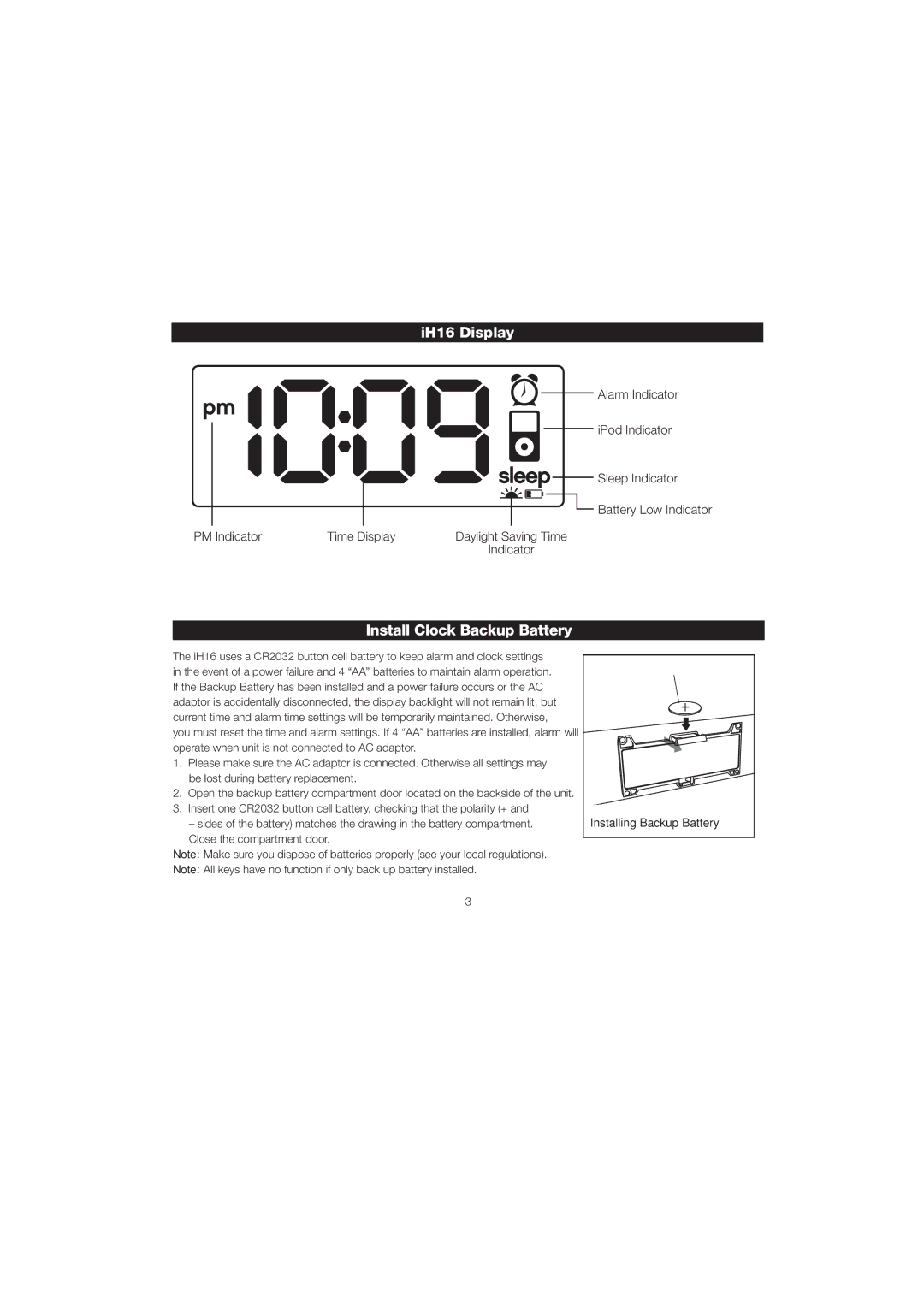 iHome iH16 manual IH16 Display, Install Clock Backup Battery, Indicator, Close the compartment door 