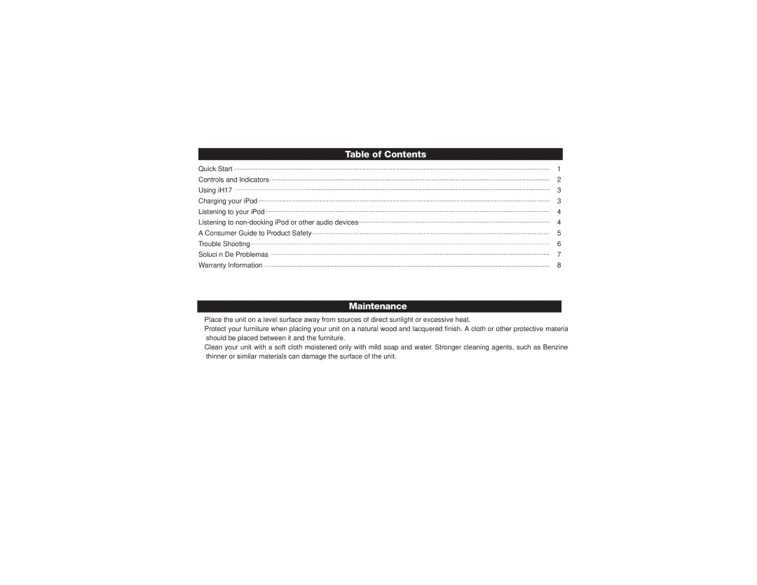 iHome iH17 manual Table of Contents, Maintenance 