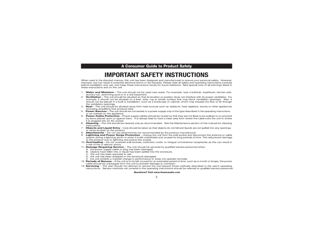 iHome iH17 manual Consumer Guide to Product Safety 