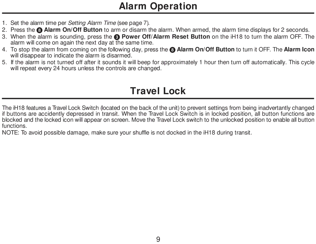 iHome iH18 manual Alarm Operation, Travel Lock 