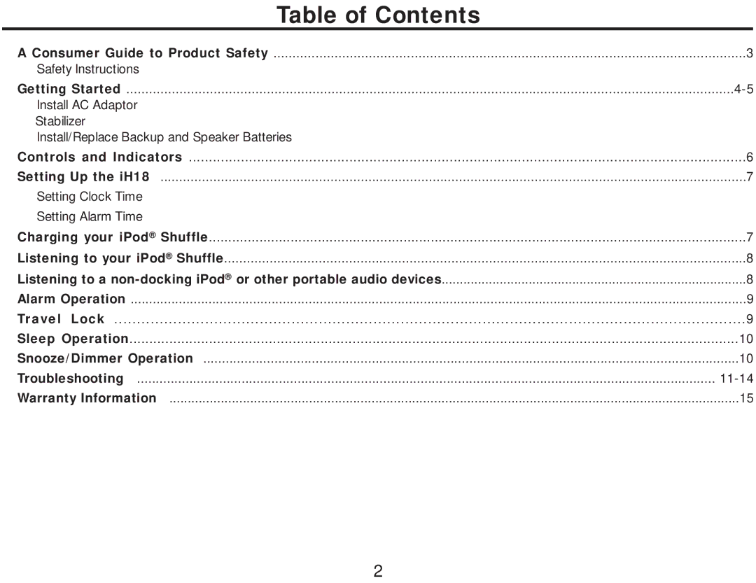 iHome iH18 manual Table of Contents 