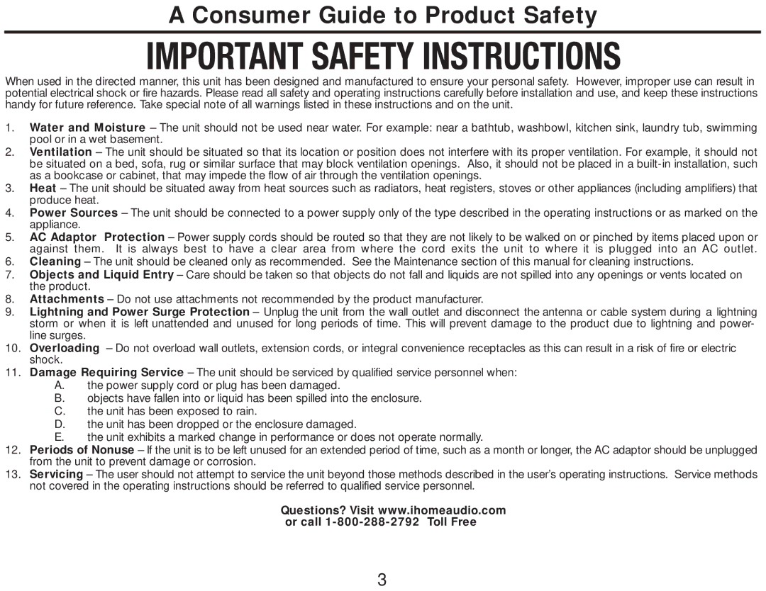 iHome iH18 manual Consumer Guide to Product Safety 