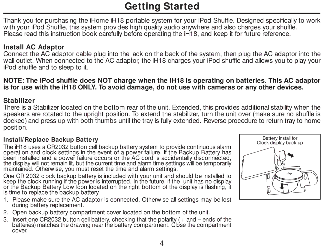 iHome iH18 manual Getting Started, Install AC Adaptor 