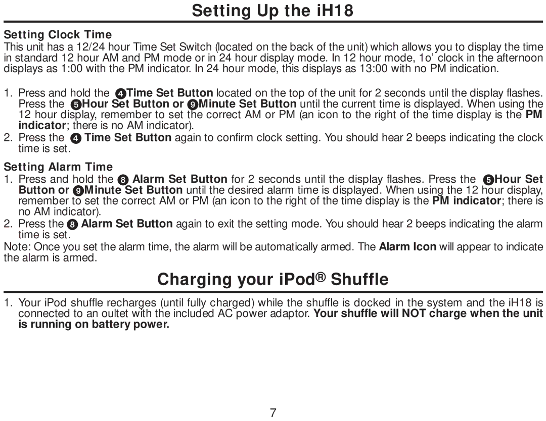 iHome manual Setting Up the iH18, Charging your iPod Shuffle 