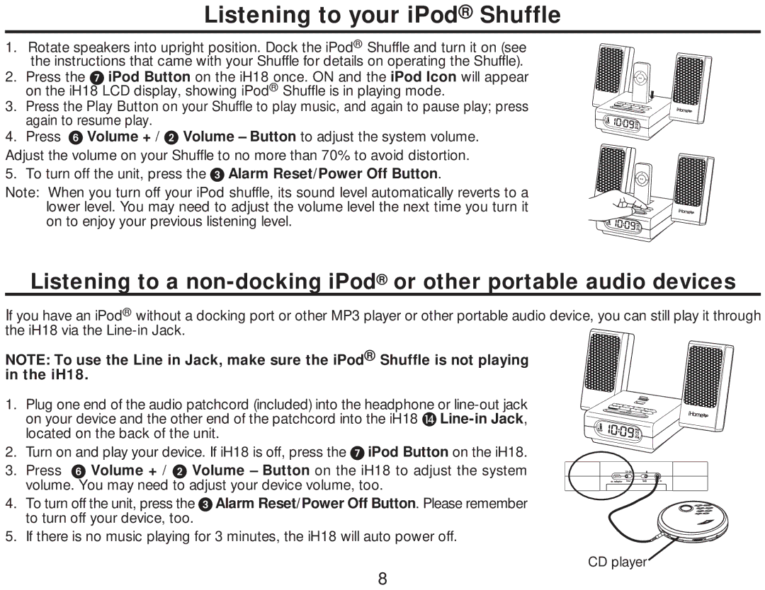 iHome iH18 manual Listening to your iPod Shuffle, Volume + 