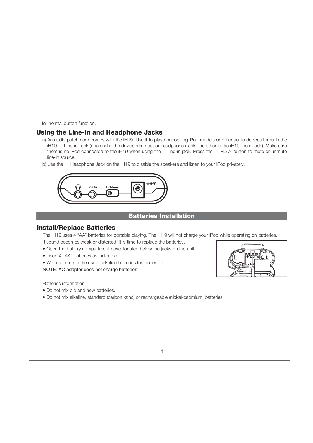 iHome iH19 manual Using the Line-in and Headphone Jacks, Batteries Installation, Install/Replace Batteries, Hold Switch 