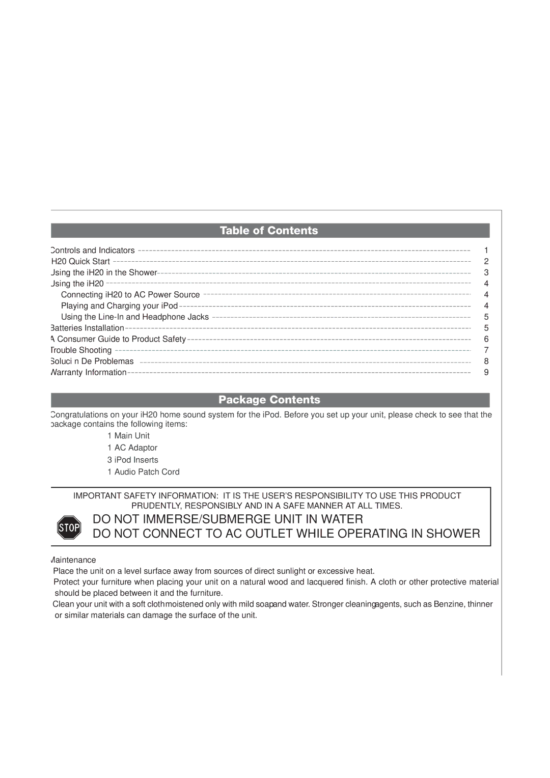 iHome iH2O, iH20 IB manual Table of Contents, Package Contents 