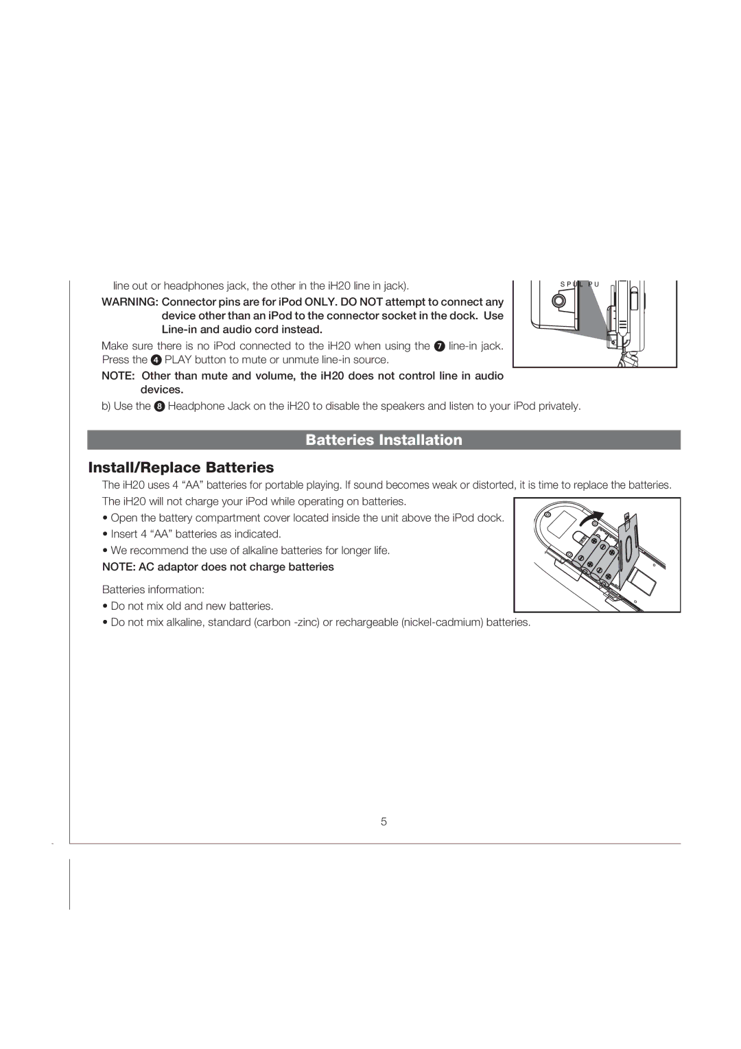 iHome iH20 IB, iH2O manual Using the Line-in and Headphone Jacks, Batteries Installation, Install/Replace Batteries 