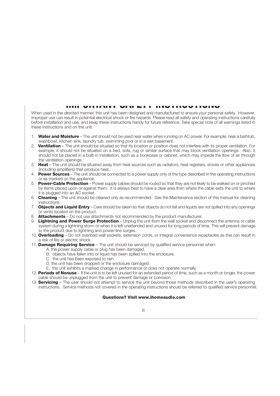 iHome iH2O, iH20 IB manual Consumer Guide to Product Safety 