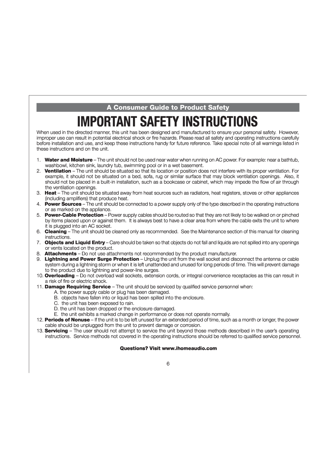 iHome iH2O, iH20 IB manual A Consumer Guide to Product Safety 