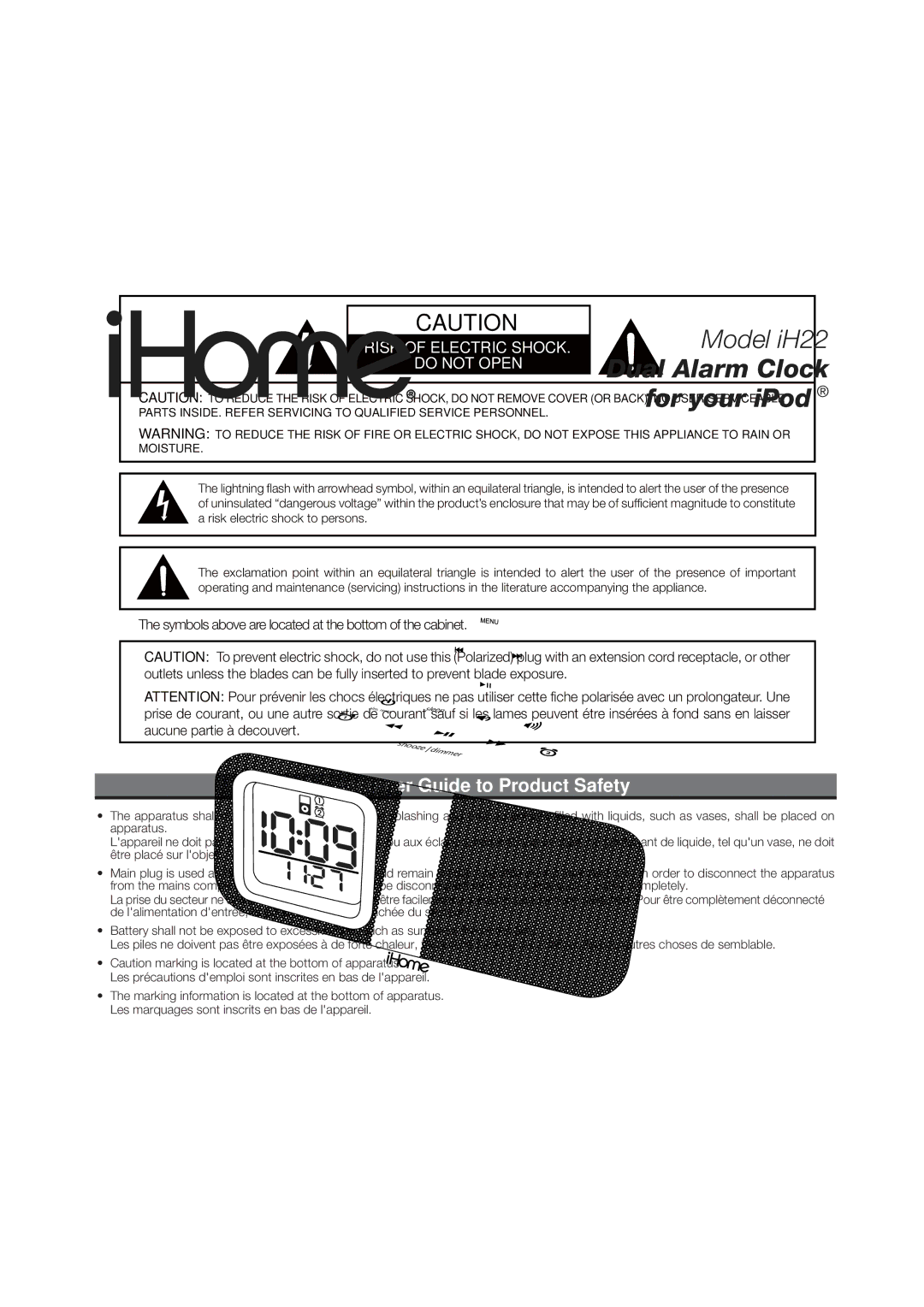 iHome iH22 manual Consumer Guide to Product Safety, Risk of Electric Shock Do not Open 