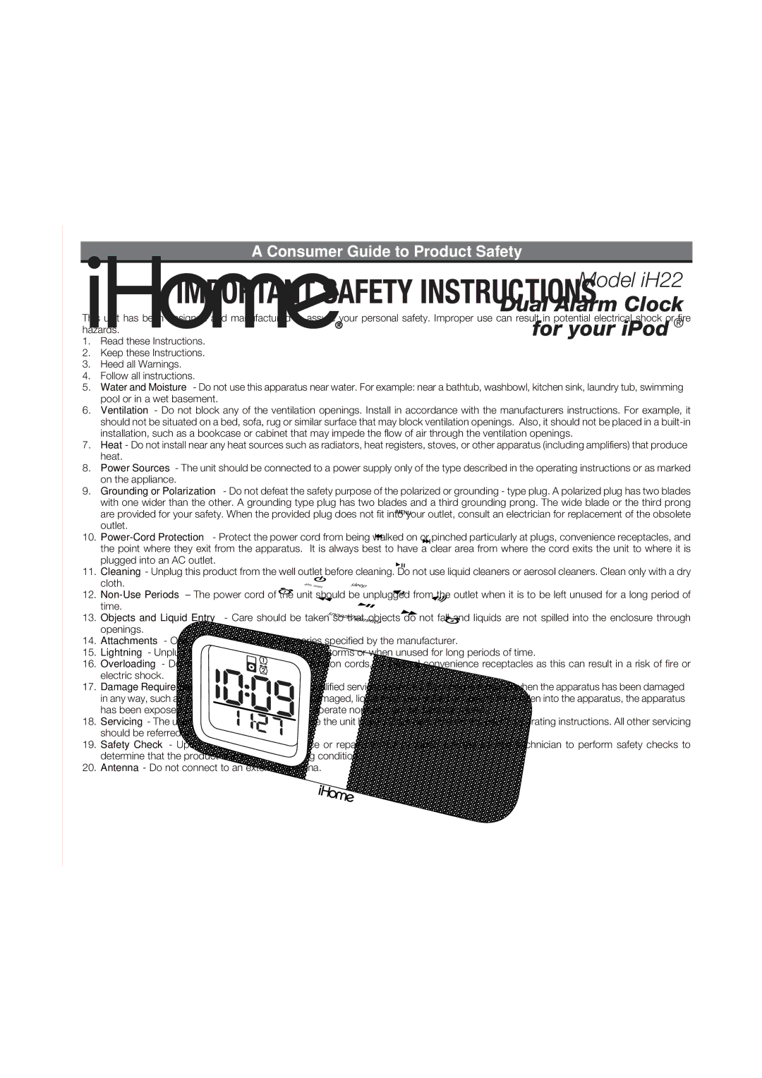 iHome iH22 manual Consumer Guide to Product Safety 