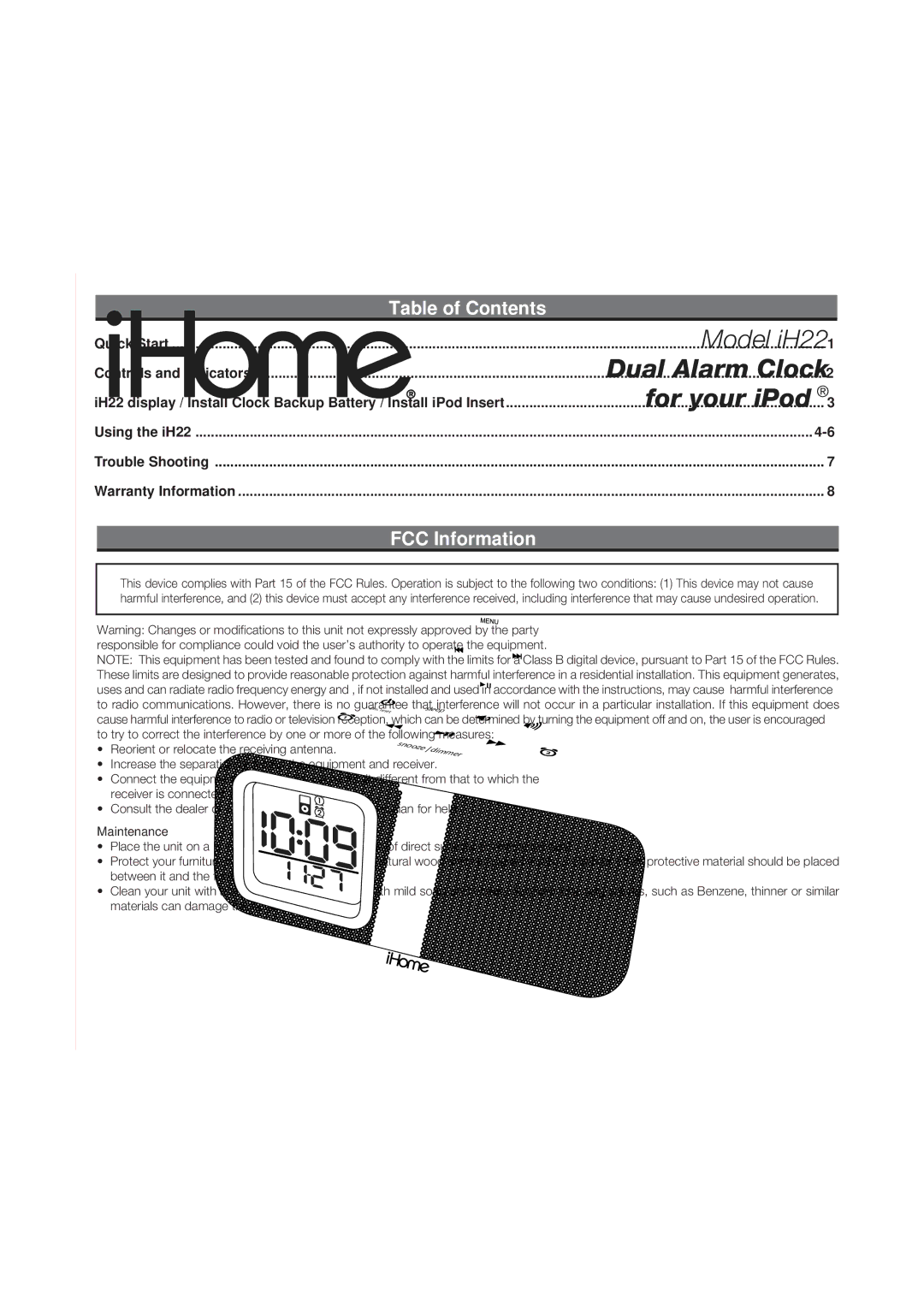 iHome iH22 manual Table of Contents, FCC Information 