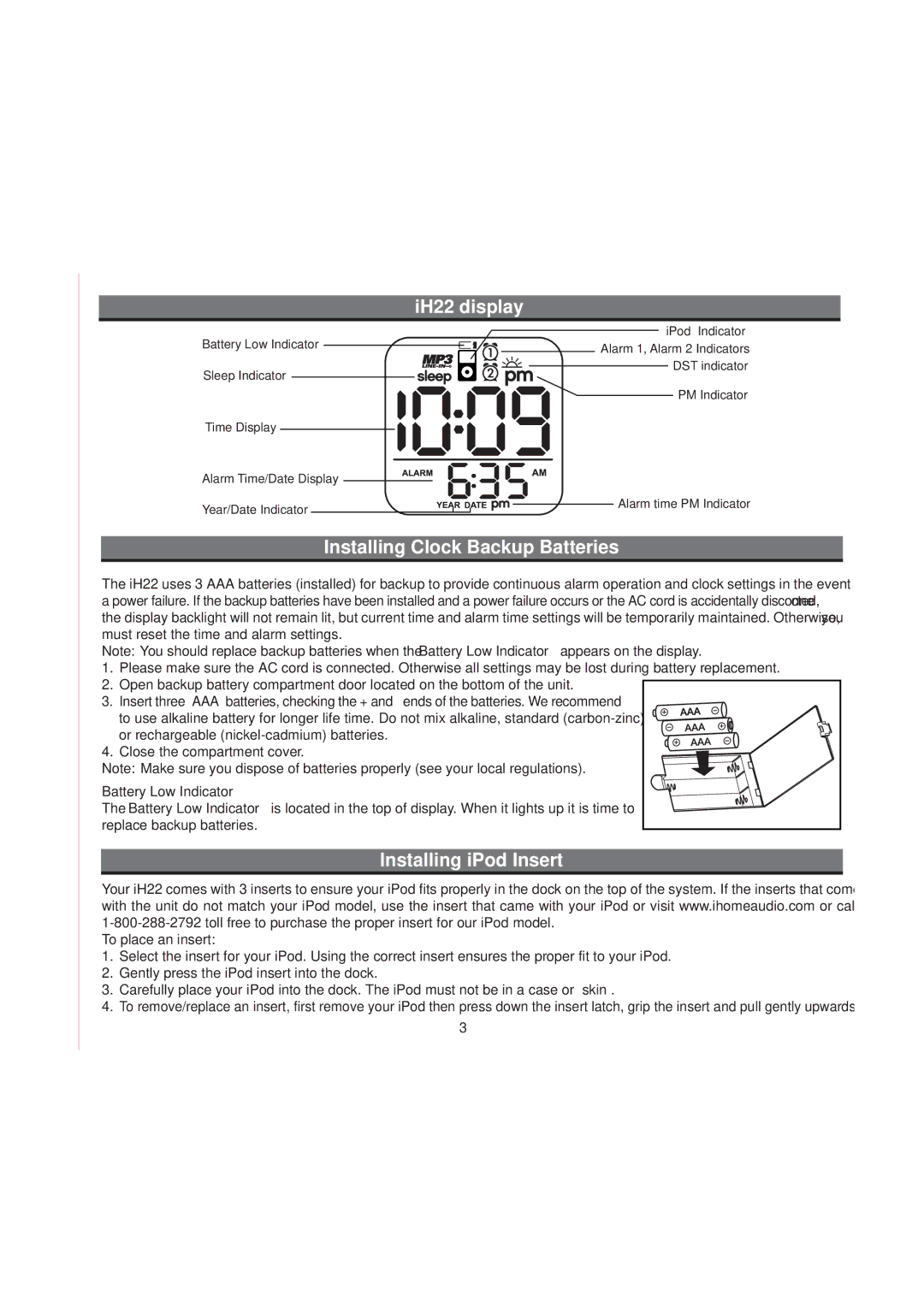 iHome iH22 manual IH22 display, Installing Clock Backup Batteries, Installing iPod Insert, Battery Low Indicator 